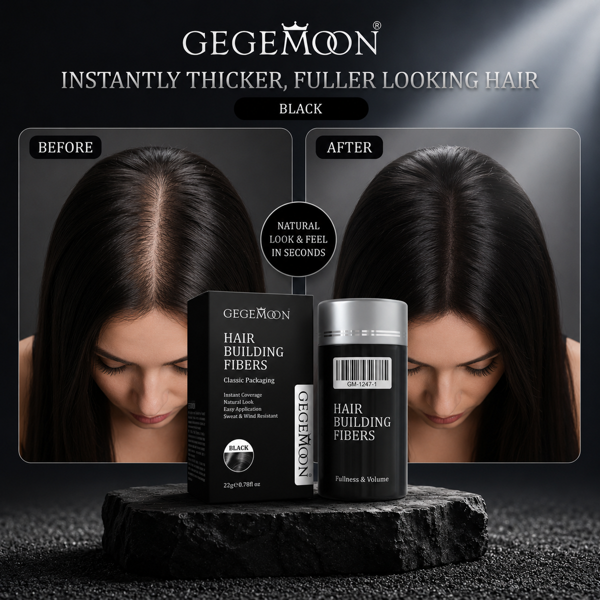 Natural Black & Brown Hair Fiber Powder 22g – Instant Thinning Hair Coverage, Volume Boosting & Natural Looking Finish