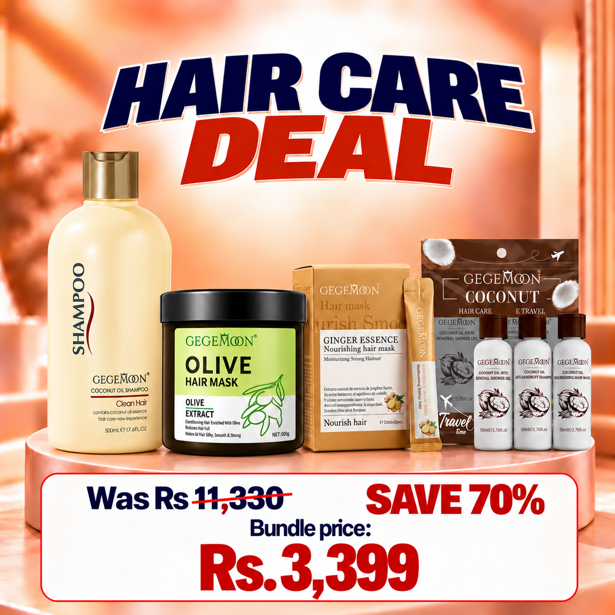 GEGEMOON 4-in-1 Hair Care Bundle – Shampoo + Olive Mask + Ginger Treatment + Travel Kit