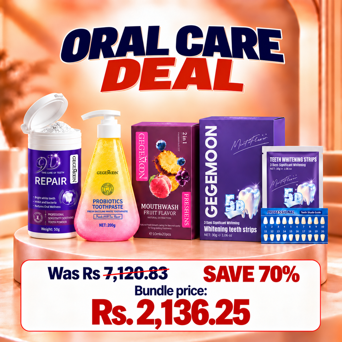 GEGEMOON 4-in-1 Oral Care Bundle – Tooth Powder + Toothpaste + Mouthwash + Whitening Strips