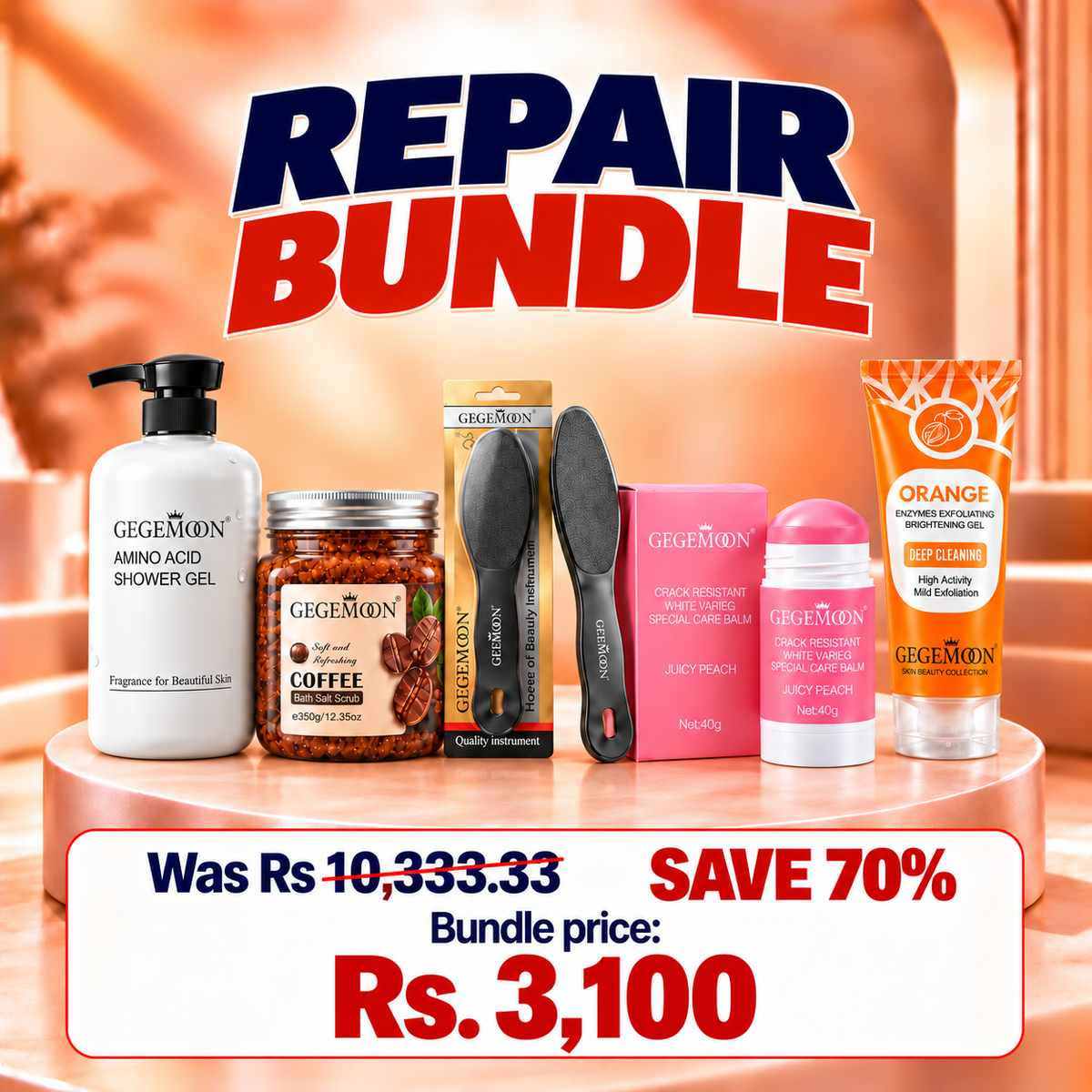 GEGEMOON 5-in-1 Repair Body Bundle – Shower Gel + Scrub + Foot File + Balm + Brightening Gel